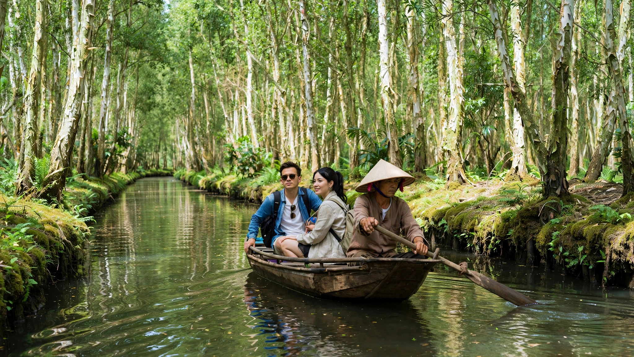 Du khách đi xuồng ba lá xuyên rừng tràm U Minh Hạ