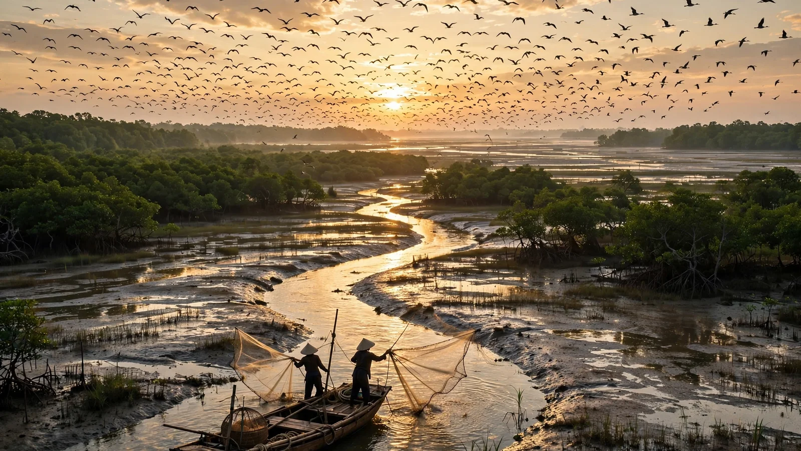 Bình minh ở Vườn quốc gia Xuân Thủy với đàn chim di cư bay trên rừng ngập mặn