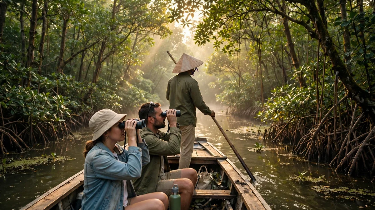 Du khách đi thuyền xuyên rừng ngập mặn ngắm chim ở Xuân Thủy